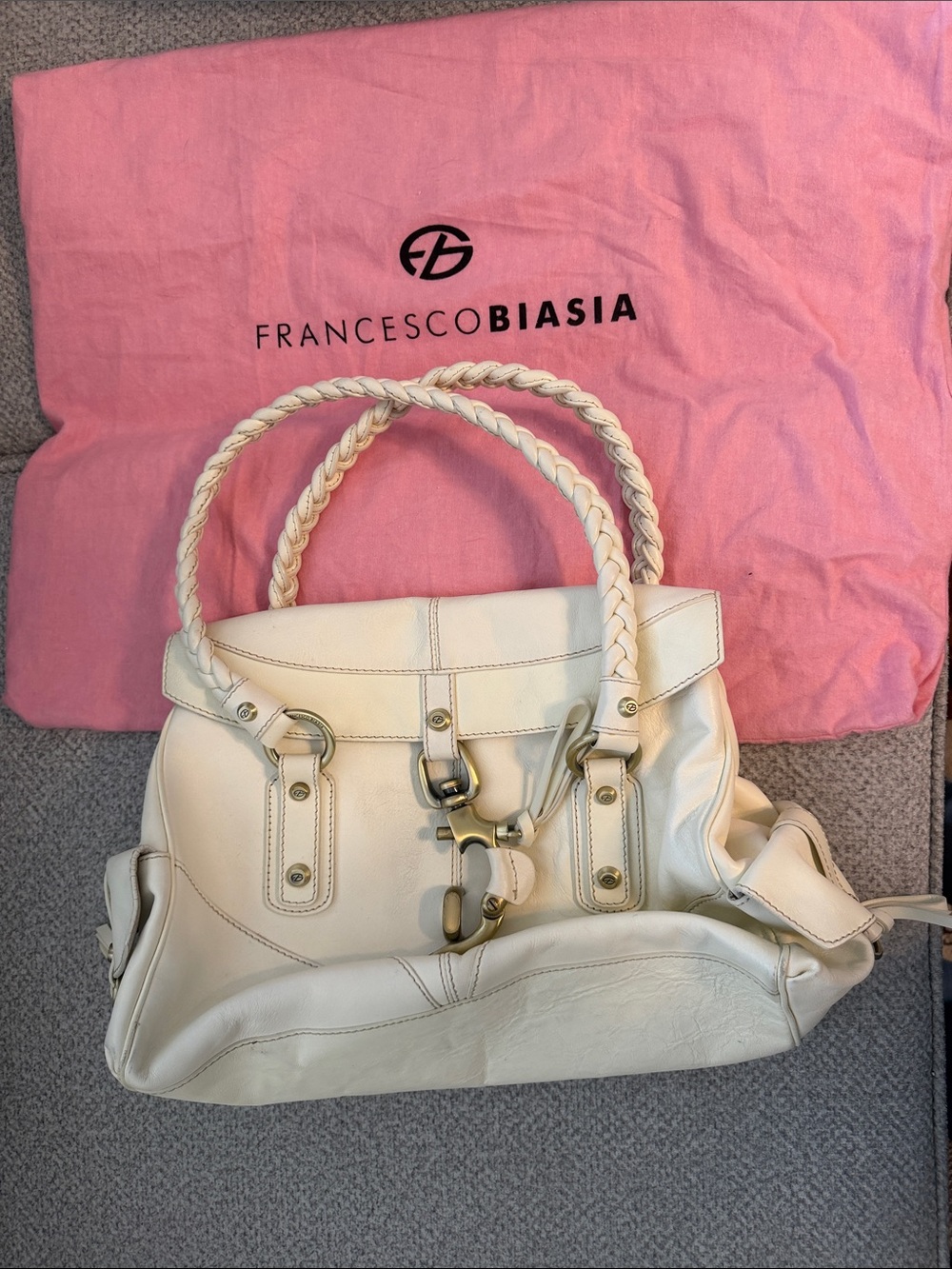 Francesco Biasia Secret Love Bag Cream Braided-Handle Leather Shoulder Bag
